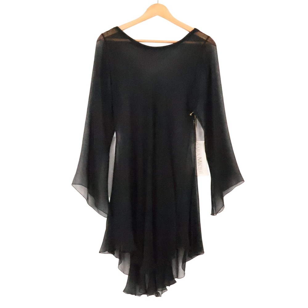 Sara Mique Sheer Chiffon Bell Sleeve Dress Womens Size M Black Whimsigoth Fairy